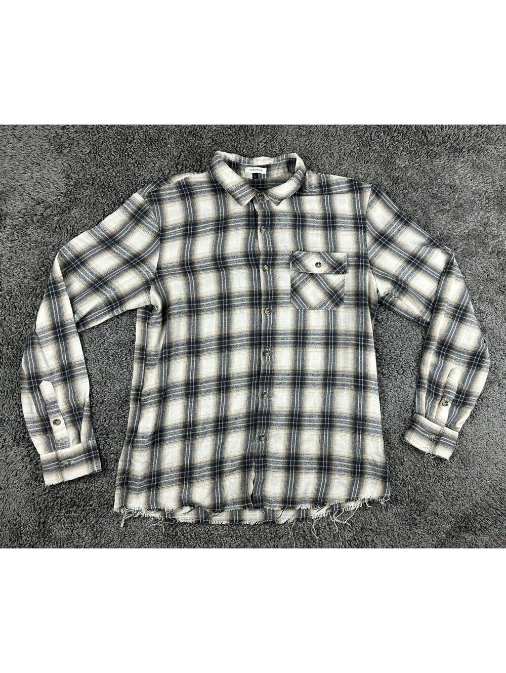 The Ironwilled Plaid Flannel Shirt Mens L Cream Black Distressed Raw Hem Dagger